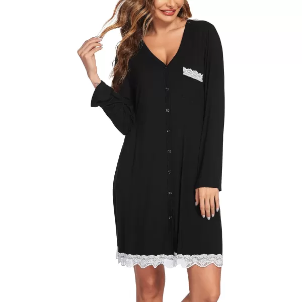 Ekouaer Women Striped Nightgowns Button Down SleepshirtsLong Sleeveblack