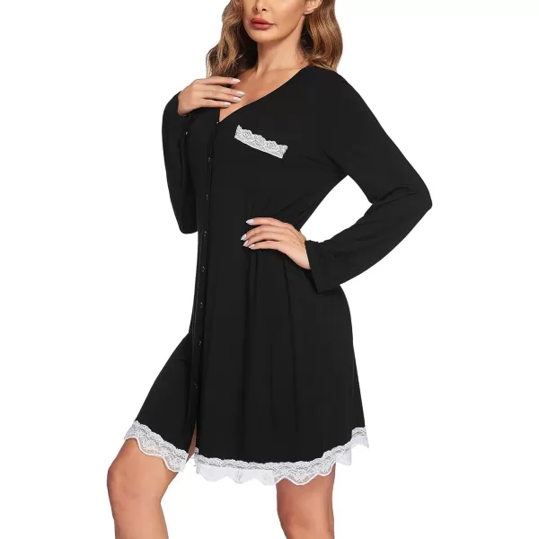 Ekouaer Women Striped Nightgowns Button Down SleepshirtsLong Sleeveblack