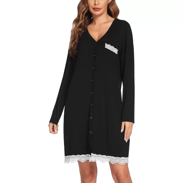 Ekouaer Women Striped Nightgowns Button Down SleepshirtsLong Sleeveblack