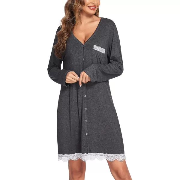 Ekouaer Women Striped Nightgowns Button Down SleepshirtsLong Sleevedark Grey