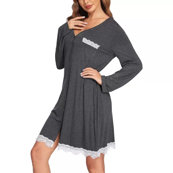 Ekouaer Women Striped Nightgowns Button Down SleepshirtsLong Sleevedark Grey