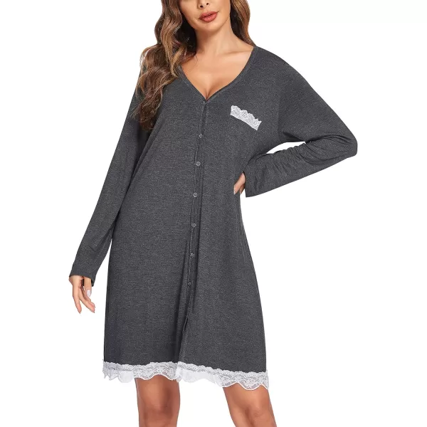 Ekouaer Women Striped Nightgowns Button Down SleepshirtsLong Sleevedark Grey