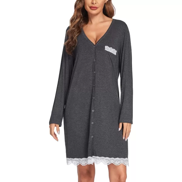 Ekouaer Women Striped Nightgowns Button Down SleepshirtsLong Sleevedark Grey