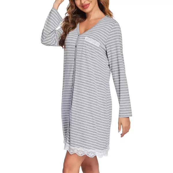 Ekouaer Women Striped Nightgowns Button Down SleepshirtsLong Sleevegrey Striped