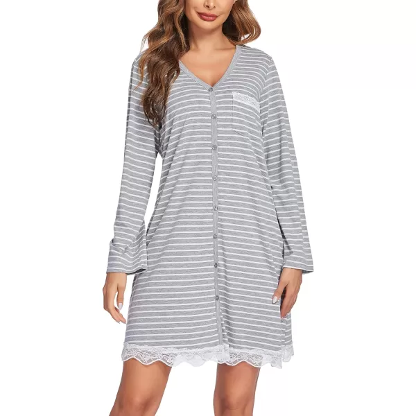 Ekouaer Women Striped Nightgowns Button Down SleepshirtsLong Sleevegrey Striped