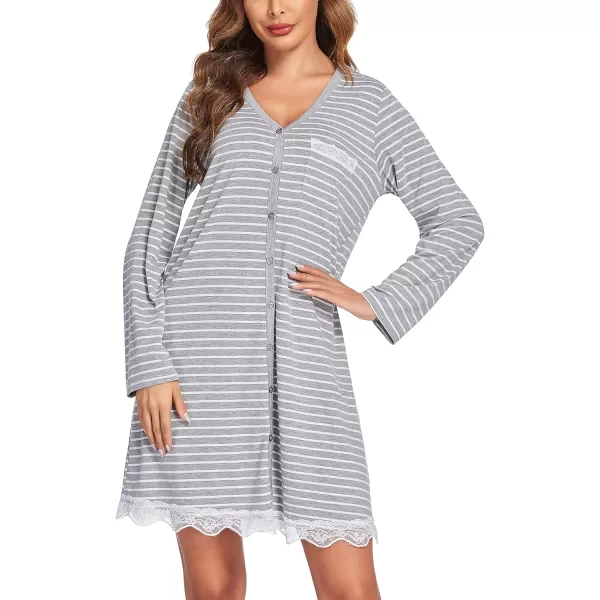 Ekouaer Women Striped Nightgowns Button Down SleepshirtsLong Sleevegrey Striped