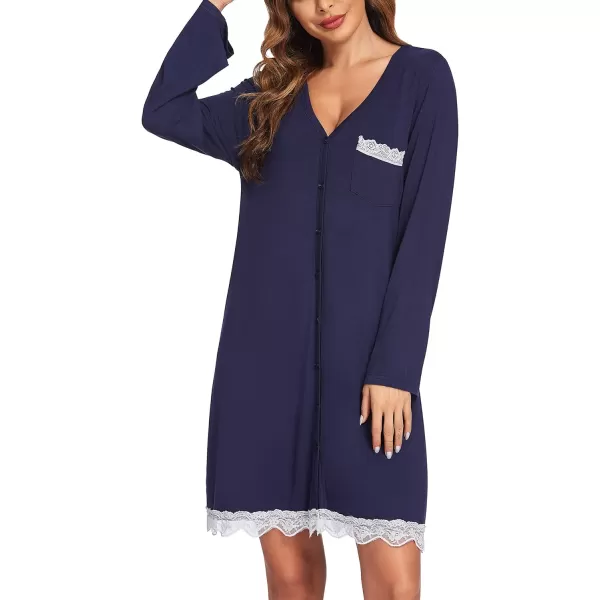 Ekouaer Women Striped Nightgowns Button Down SleepshirtsLong Sleevenavy Blue