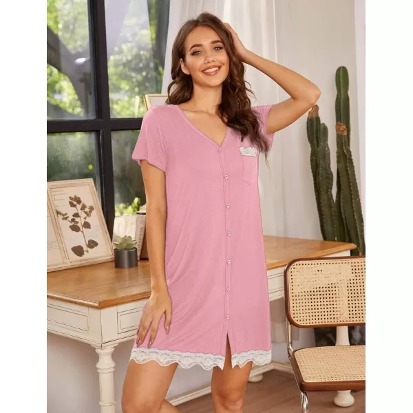 Ekouaer Women Striped Nightgowns Button Down SleepshirtsPink