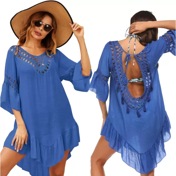 Ekouaer Women Swimwear V Neck Crochet Cover UpsAsnorkel Blue