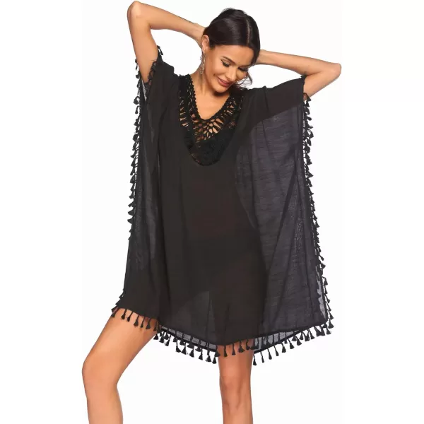 Ekouaer Women Swimwear V Neck Crochet Cover UpsStyle 2black