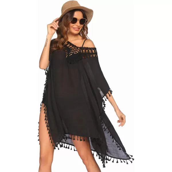 Ekouaer Women Swimwear V Neck Crochet Cover UpsStyle 2black