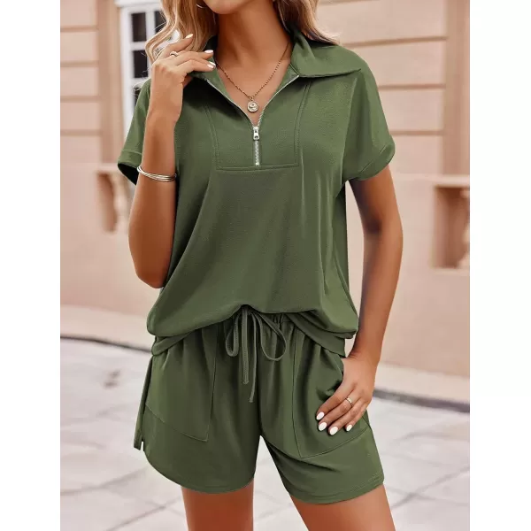 Ekouaer Women Two Piece Outfits Half Zip Shorts Set and Short Sleeve Tops Lounge Sets Shorts Summer Tracksuit Sweatsuit SetArmy Green