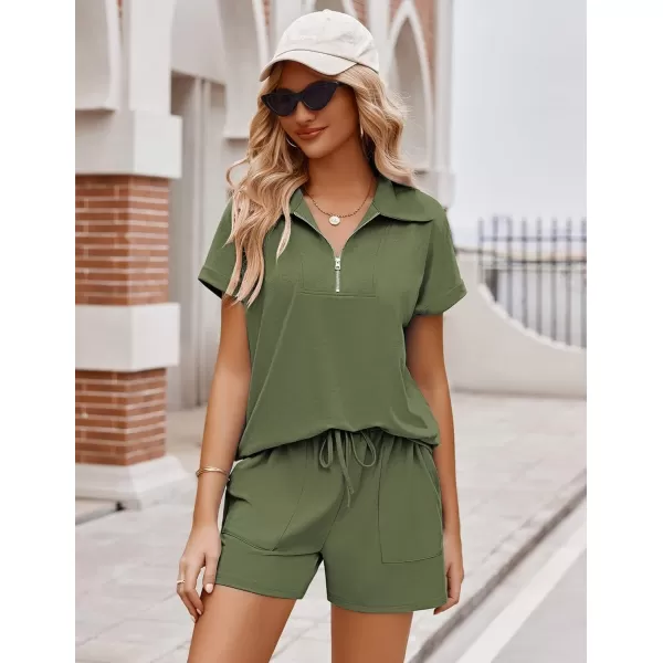 Ekouaer Women Two Piece Outfits Half Zip Shorts Set and Short Sleeve Tops Lounge Sets Shorts Summer Tracksuit Sweatsuit SetArmy Green