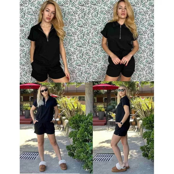 Ekouaer Women Two Piece Outfits Half Zip Shorts Set and Short Sleeve Tops Lounge Sets Shorts Summer Tracksuit Sweatsuit SetBlack