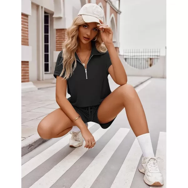 Ekouaer Women Two Piece Outfits Half Zip Shorts Set and Short Sleeve Tops Lounge Sets Shorts Summer Tracksuit Sweatsuit SetBlack