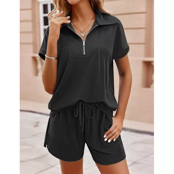 Ekouaer Women Two Piece Outfits Half Zip Shorts Set and Short Sleeve Tops Lounge Sets Shorts Summer Tracksuit Sweatsuit SetBlack
