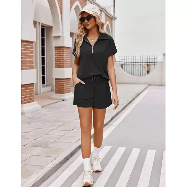 Ekouaer Women Two Piece Outfits Half Zip Shorts Set and Short Sleeve Tops Lounge Sets Shorts Summer Tracksuit Sweatsuit SetBlack