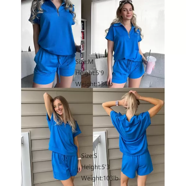 Ekouaer Women Two Piece Outfits Half Zip Shorts Set and Short Sleeve Tops Lounge Sets Shorts Summer Tracksuit Sweatsuit SetBlue