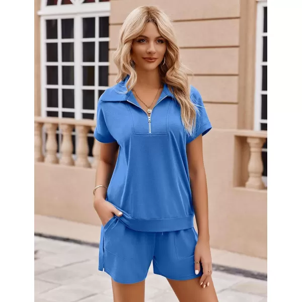 Ekouaer Women Two Piece Outfits Half Zip Shorts Set and Short Sleeve Tops Lounge Sets Shorts Summer Tracksuit Sweatsuit SetBlue