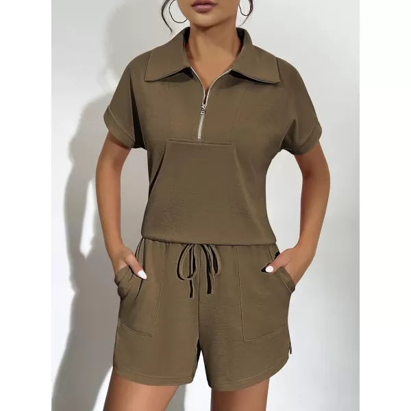 Ekouaer Women Two Piece Outfits Half Zip Shorts Set and Short Sleeve Tops Lounge Sets Shorts Summer Tracksuit Sweatsuit SetBrown