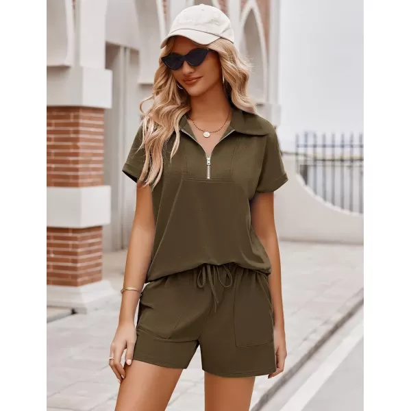 Ekouaer Women Two Piece Outfits Half Zip Shorts Set and Short Sleeve Tops Lounge Sets Shorts Summer Tracksuit Sweatsuit SetBrown