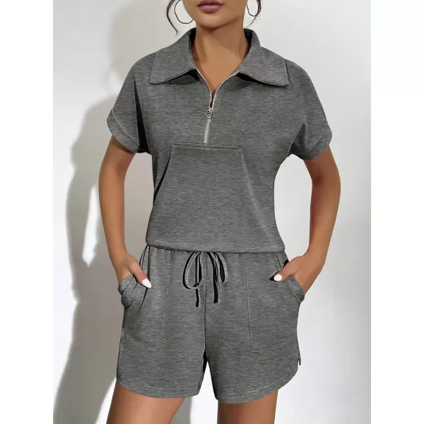 Ekouaer Women Two Piece Outfits Half Zip Shorts Set and Short Sleeve Tops Lounge Sets Shorts Summer Tracksuit Sweatsuit SetDark Gray