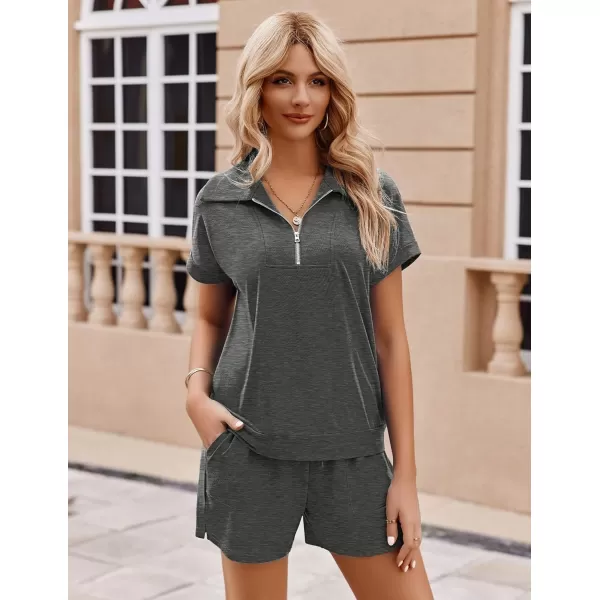 Ekouaer Women Two Piece Outfits Half Zip Shorts Set and Short Sleeve Tops Lounge Sets Shorts Summer Tracksuit Sweatsuit SetDark Gray