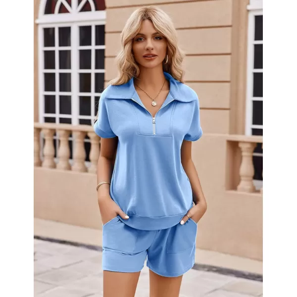 Ekouaer Women Two Piece Outfits Half Zip Shorts Set and Short Sleeve Tops Lounge Sets Shorts Summer Tracksuit Sweatsuit SetLight Blue