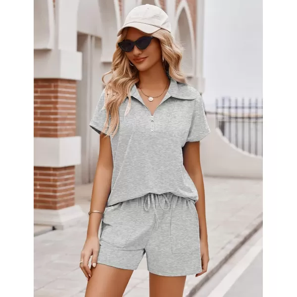 Ekouaer Women Two Piece Outfits Half Zip Shorts Set and Short Sleeve Tops Lounge Sets Shorts Summer Tracksuit Sweatsuit SetLight Gray