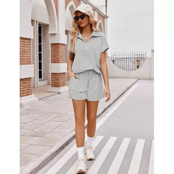 Ekouaer Women Two Piece Outfits Half Zip Shorts Set and Short Sleeve Tops Lounge Sets Shorts Summer Tracksuit Sweatsuit SetLight Gray