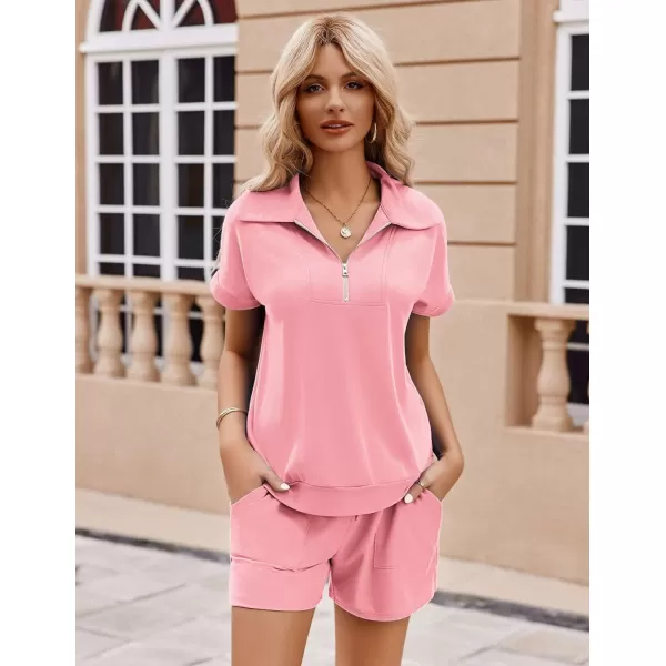 Ekouaer Women Two Piece Outfits Half Zip Shorts Set and Short Sleeve Tops Lounge Sets Shorts Summer Tracksuit Sweatsuit SetPink