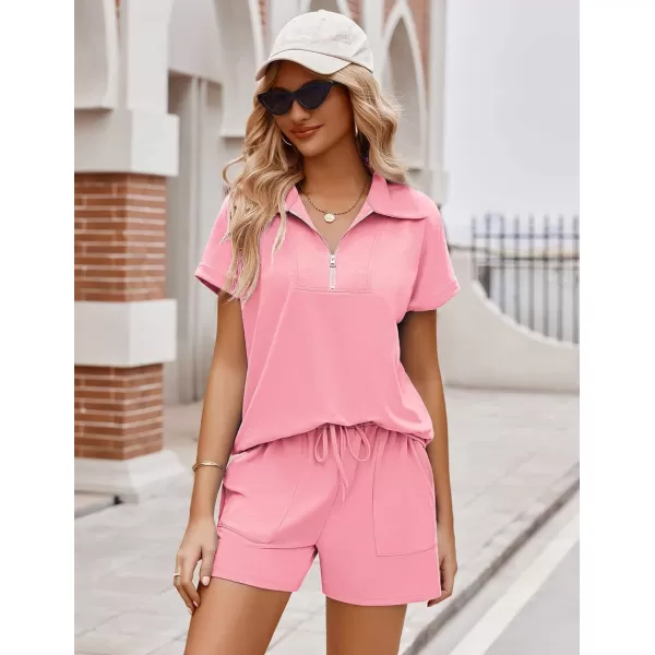 Ekouaer Women Two Piece Outfits Half Zip Shorts Set and Short Sleeve Tops Lounge Sets Shorts Summer Tracksuit Sweatsuit SetPink