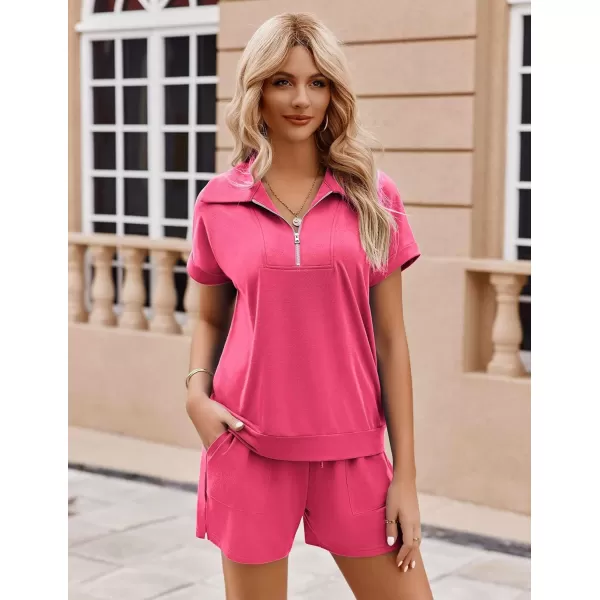 Ekouaer Women Two Piece Outfits Half Zip Shorts Set and Short Sleeve Tops Lounge Sets Shorts Summer Tracksuit Sweatsuit SetRose Red