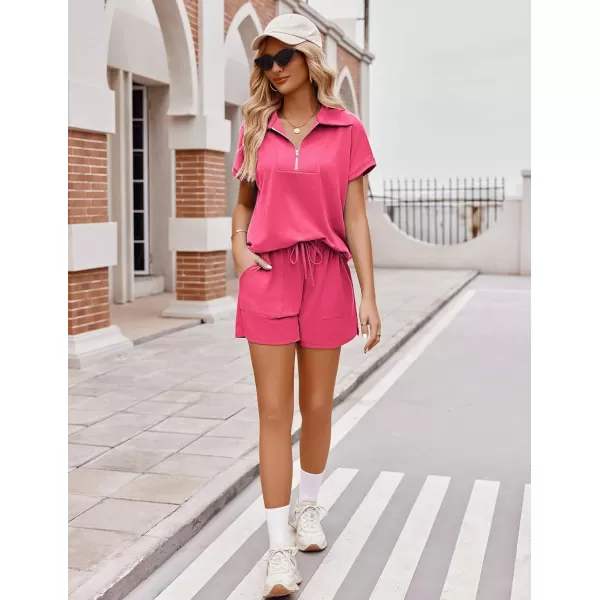 Ekouaer Women Two Piece Outfits Half Zip Shorts Set and Short Sleeve Tops Lounge Sets Shorts Summer Tracksuit Sweatsuit SetRose Red