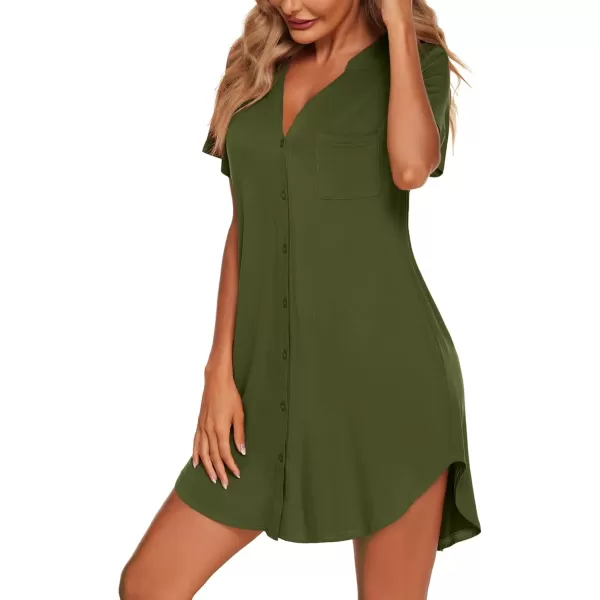 Ekouaer Women V Neck Button Down NightgownArmy Green