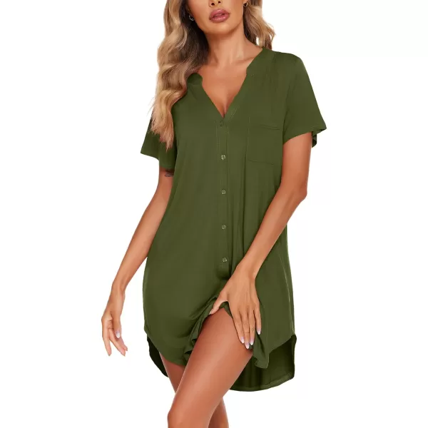 Ekouaer Women V Neck Button Down NightgownArmy Green