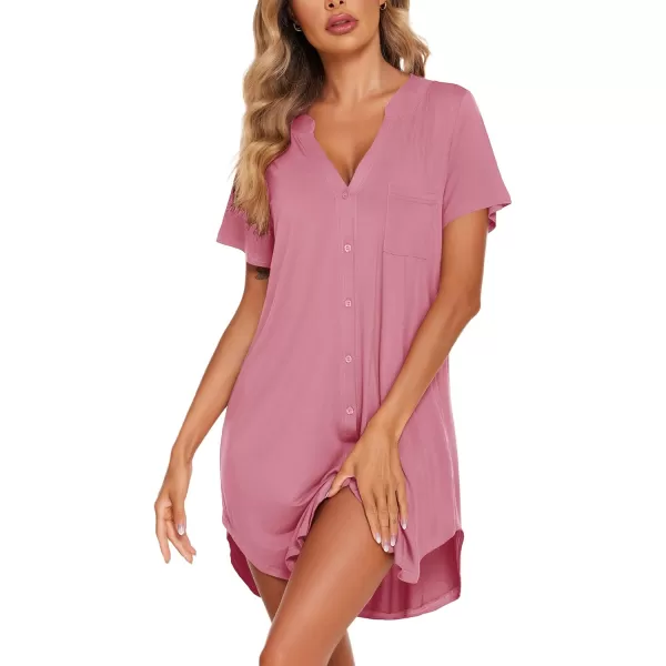 Ekouaer Women V Neck Button Down NightgownDark Pink