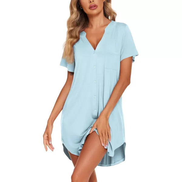 Ekouaer Women V Neck Button Down NightgownLight Blue