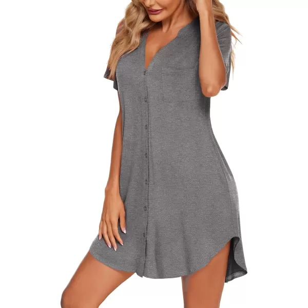 Ekouaer Women V Neck Button Down NightgownMedium Grey