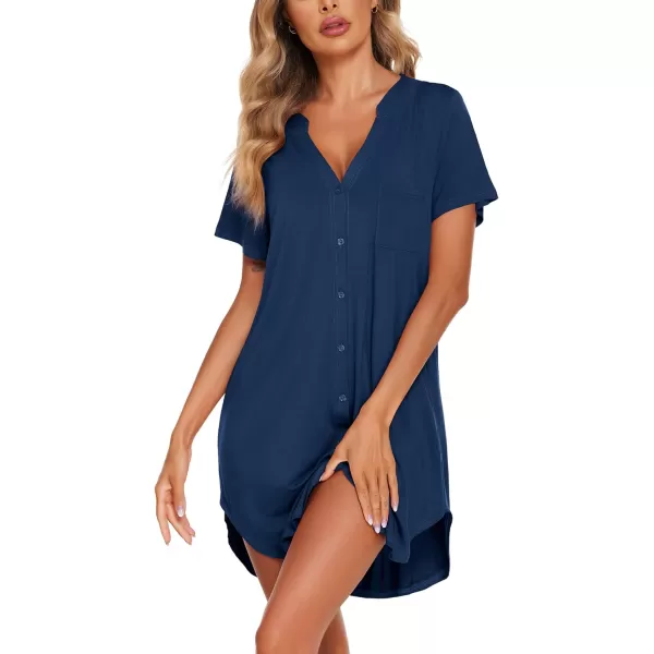 Ekouaer Women V Neck Button Down NightgownNavy Blue