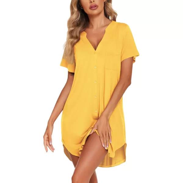 Ekouaer Women V Neck Button Down NightgownTurmeric