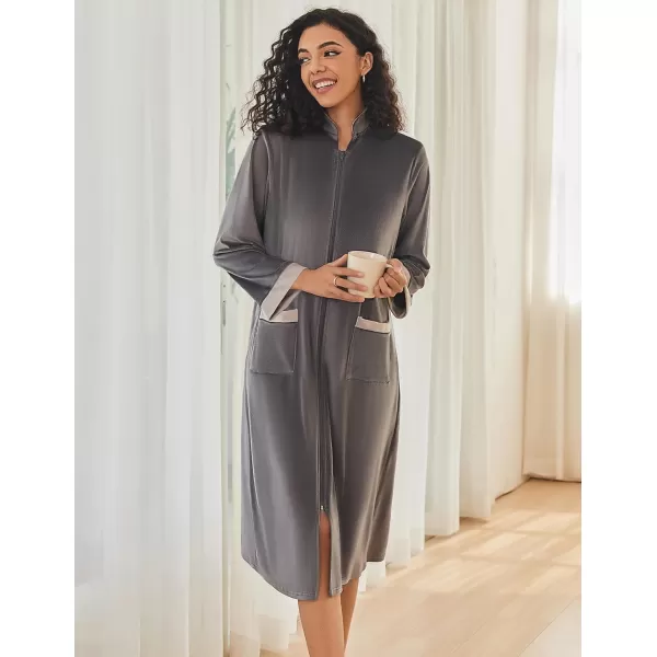 Ekouaer Women Zip Up Robe Fleece House Coats Full Length House Dress Long Sleeve Bathrobe with Pockets S3XLDark Grey