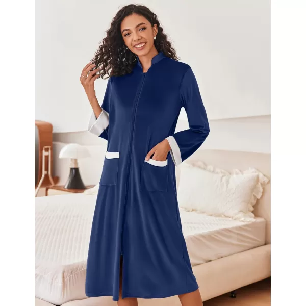 Ekouaer Women Zip Up Robe Fleece House Coats Full Length House Dress Long Sleeve Bathrobe with Pockets S3XLNavy Blue