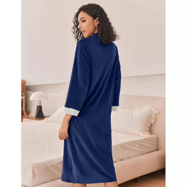 Ekouaer Women Zip Up Robe Fleece House Coats Full Length House Dress Long Sleeve Bathrobe with Pockets S3XLNavy Blue