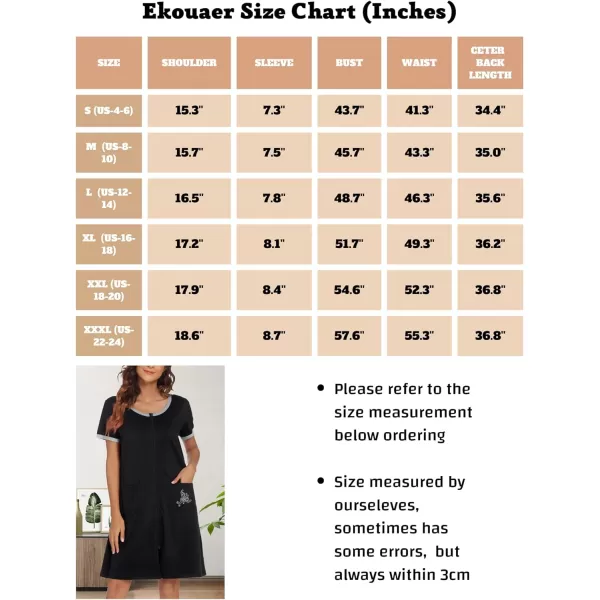 Ekouaer Women Zipper Front House Coat Short Sleeves Robe Zip Up Bathrobes Short Nightgown with Pockets S3XLAblack