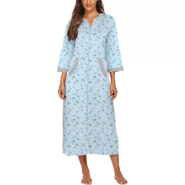 Ekouaer Women Zipper Robe 34 Sleeves Loungewear Dress Full Length Sleepwear Pockets Housecoat Nightgown Long BathrobeGarden Blue Floral