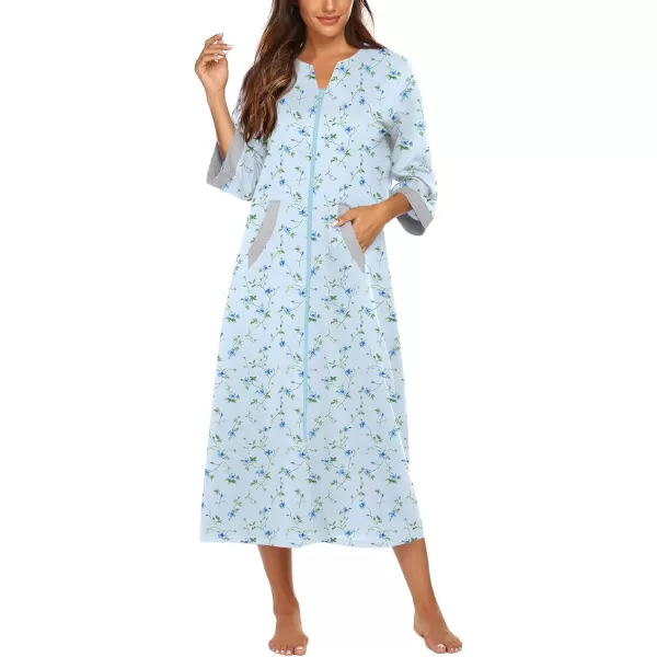 Ekouaer Women Zipper Robe 34 Sleeves Loungewear Dress Full Length Sleepwear Pockets Housecoat Nightgown Long BathrobeGarden Blue Floral