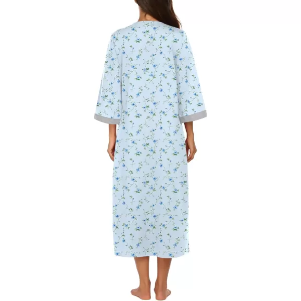 Ekouaer Women Zipper Robe 34 Sleeves Loungewear Dress Full Length Sleepwear Pockets Housecoat Nightgown Long BathrobeGarden Blue Floral