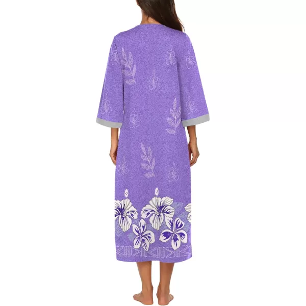 Ekouaer Women Zipper Robe 34 Sleeves Loungewear Dress Full Length Sleepwear Pockets Housecoat Nightgown Long BathrobePurple Flower