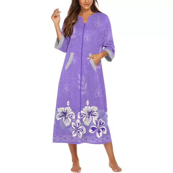 Ekouaer Women Zipper Robe 34 Sleeves Loungewear Dress Full Length Sleepwear Pockets Housecoat Nightgown Long BathrobePurple Flower